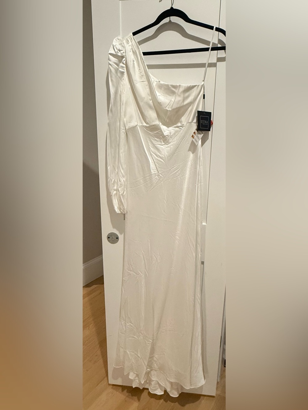 Mac Duggal White One-Shoulder Satin Slip Gown